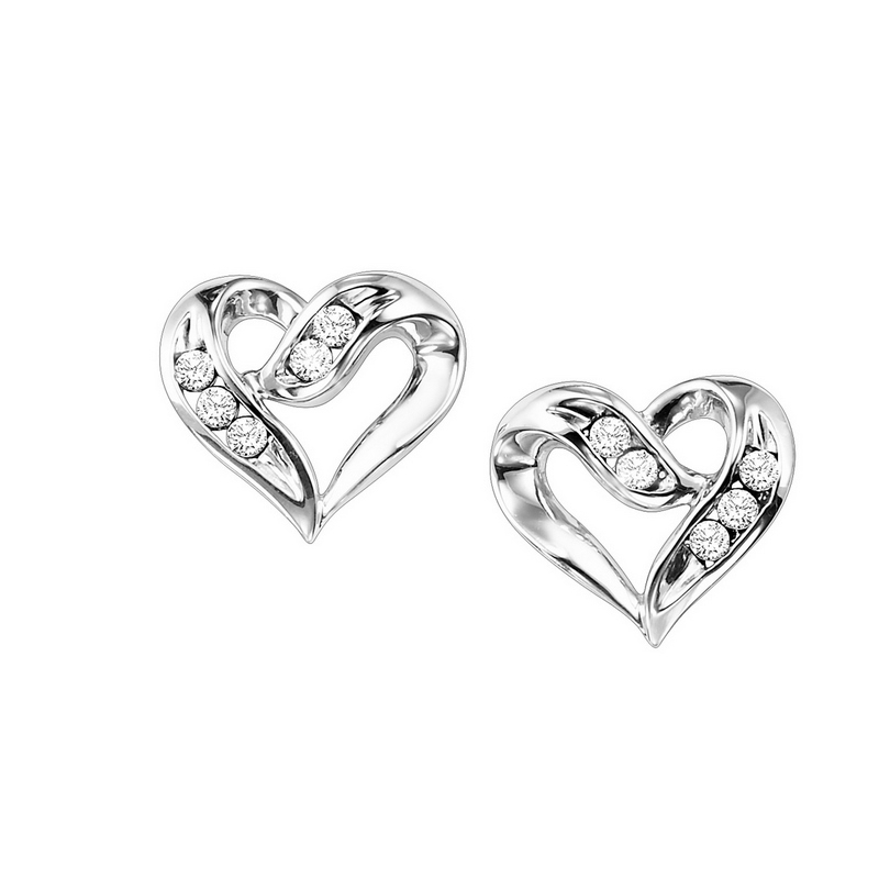 Diamond Open Ribbon Heart Stud Earrings in Sterling Silver